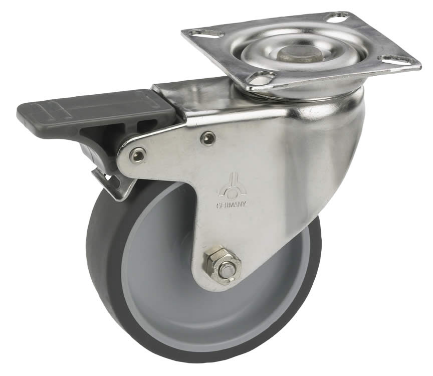 Zwenkwiel rubber 50mm RVS met voorrem (G-P6/TRU-PL) :: 25-8101
