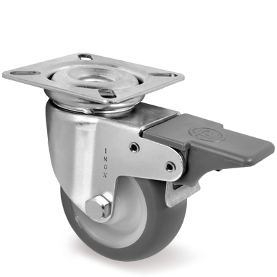 Swivel castor rubber 60x24mm stainless steel with front brake (G-PP/TGRU-PL) :: 38-8202NX