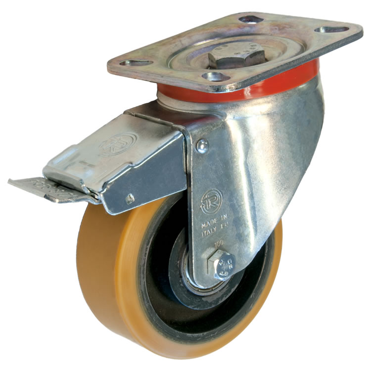 Zwenkwiel kunststof 125x38mm met voorrem (K-GY/PU-P/PL) :: 64-4853